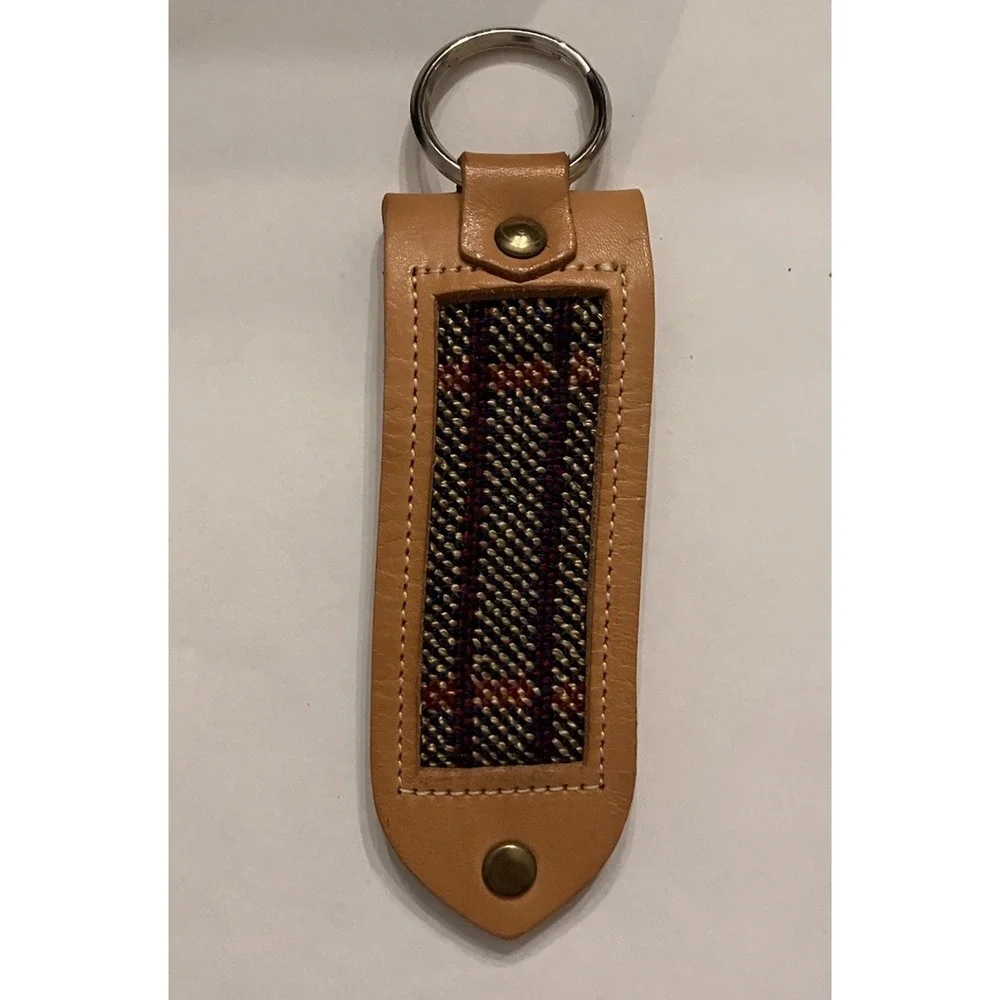 Handcrafted Needlepoint Keychain Leather Key Fob Tartan Tweed